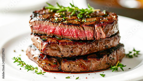 Perfectly grilled steaks stacked on a white plate. AI