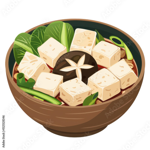 Delicious bowl of tofu soup featuring soft tofu, mushrooms, and fresh greens, creating comforting and nutritious meal. Perfect for cozy dinner or healthy lunch