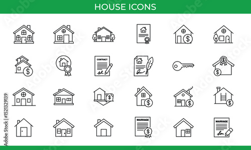 This set of house icons is designed for real estate projects, home design, and property-related websites, featuring various house symbols and vector icons.