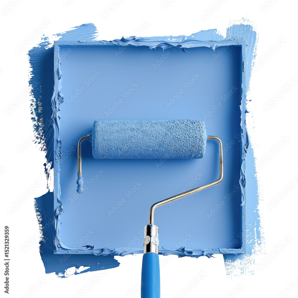 Obraz premium Paint roller rests in tray filled with vibrant blue paint, showcasing fresh and inviting color. smooth texture and clean lines evoke sense of creativity and renewal