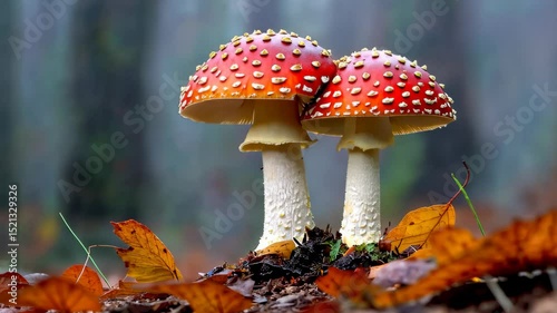 Two red fly agaric mushrooms in autumn forest. Close-up on vibrant toadstools with white spots, surrounded by fallen leaves. Concept of nature, biodiversity, wild fungi, forest ecosystem