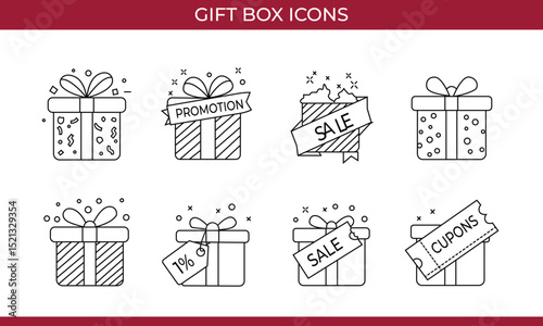 This set of gift box icons is perfect for online stores, promotional designs, or e-commerce websites, featuring vector icons for gifts, presents, and festive elements.