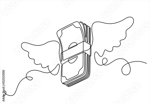 Continuous one line drawing flying money stacks of dollar banknotes. Budget Spending, Bill Expenses. Business, Financial concept. Single line draw design vector illustration. Editable stroke	