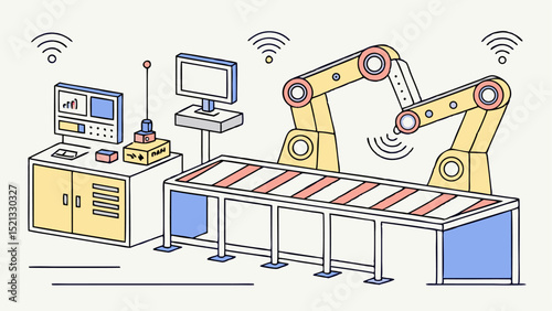 Illustration of a factory assembly line with robotic arms, computers, and wireless connectivity features