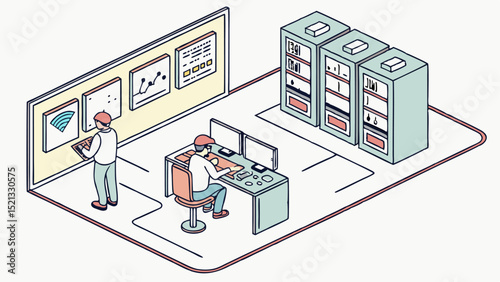 Illustration of two people in a server room with computers and server racks, working on data analysis
