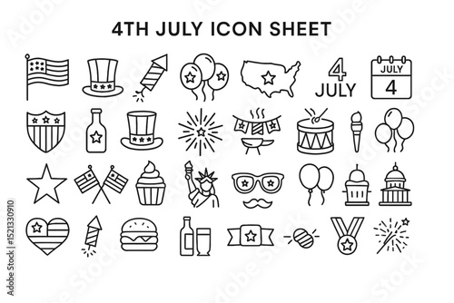 Celebrating Independence: A curated collection of iconic symbols encapsulates the spirit of Independence Day, including flags, fireworks, and festive elements in a minimalist aesthetic.