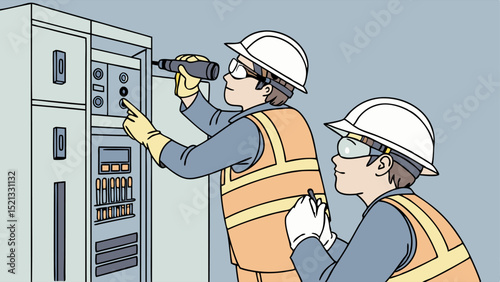 Two electricians in safety gear inspecting and repairing an electrical panel with tools and equipment