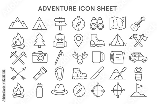 Adventure Icon Sheet: A comprehensive collection of minimalist line icons representing various adventure elements, perfect for travel blogs, adventure guides, or outdoor gear websites. 