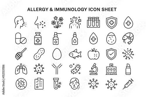Allergy and Immunology Icon Sheet: A comprehensive icon sheet representing various aspects of allergy and immunology, from common allergens to immune system components.