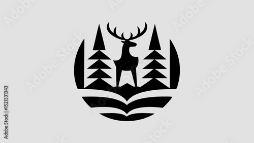 Logo Towering Moose Silhouette with Broad Antlers, Sturdy Neck, and Misty Forest