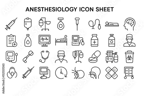 Anesthesiology Icon Sheet: A meticulously crafted collection of icons, each detailing various tools and procedures essential to the practice of anesthesiology. The scene is presented in a clean.