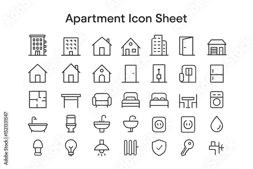 Apartment Icon Set: A comprehensive collection of simple line icons representing various aspects of apartments, ideal for design projects. 