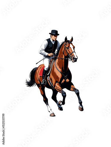 A dynamic equestrian sports scene featuring a male rider