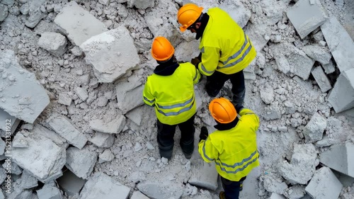 Rescue workers in safety gear clearing rubble after earthquake. Aerial view of collapsed concrete structure. Emergency response, disaster aftermath, search and rescue operation