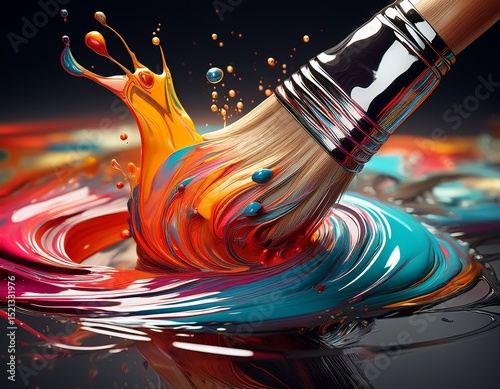 Ein Pinsel taucht in ein chaotisches Gemisch aus flüssigen Farben, die sich spiralförmig auf einer spiegelnden Oberfläche verteilen.