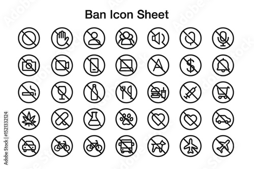 Forbidden Zone: An array of precisely crafted, monochrome icons visually communicating diverse prohibitions in a minimalist, clear, and easily understood manner.