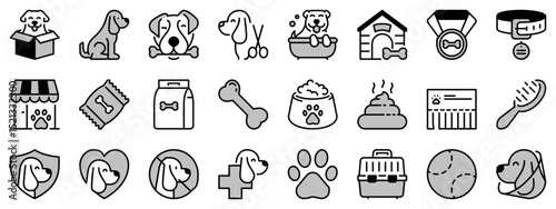 Icons in two tones about dogs. Pets.
