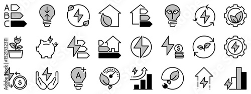 Icons in two tones about  energy efficiency and saving. Sustainable development.