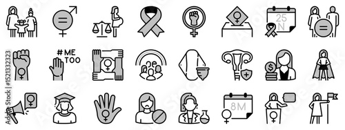 Icons in two tones about feminism.