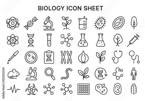 Biology Icon Set: A detailed biology icon set featuring a variety of scientific elements like DNA, cells, plants, and lab equipment in a modern, minimalist style.