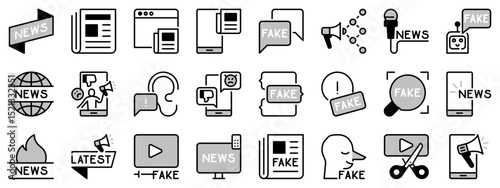 Icons in two tones about facts and fake news.