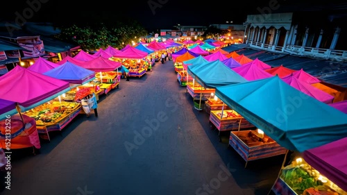 Colorful night market in India with vibrant fabric-covered stalls selling street food and local goods. Bright lights and festive atmosphere represent cultural richness and local traditions