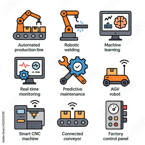 Smart Manufacturing Icons. Flat icon set of smart manufacturing: automated production line, robotic welding,