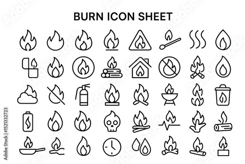 Flame Icon Array: A comprehensive array of black-line flame icons, from a house on fire to a campfire, representing a spectrum of burn-related symbols, suitable for design projects.