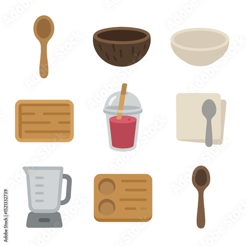 Smoothie Bowl Utensils. Flat icon set of smoothie bowl utensils: wooden spoon, coconut bowl, ceramic dish,