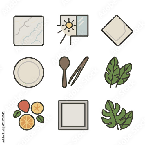 Smoothie Bowl Icon Set. Flat icon set of smoothie bowl photography props: marble table, natural lighting icon,