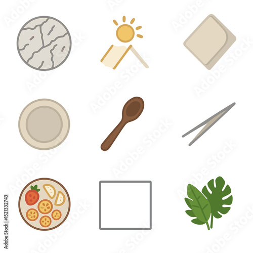 Smoothie Bowl Icon Set. Flat icon set of smoothie bowl photography props: marble table, natural lighting icon,