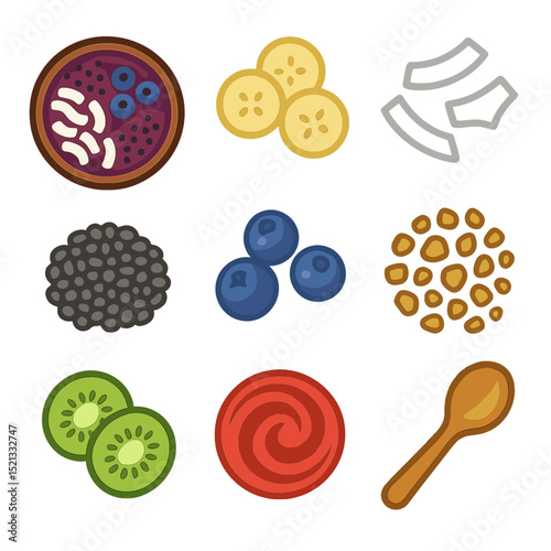 Smoothie Bowl Icons. Flat icon set of smoothie bowls: acai bowl, banana slices, coconut flakes, chia seeds,