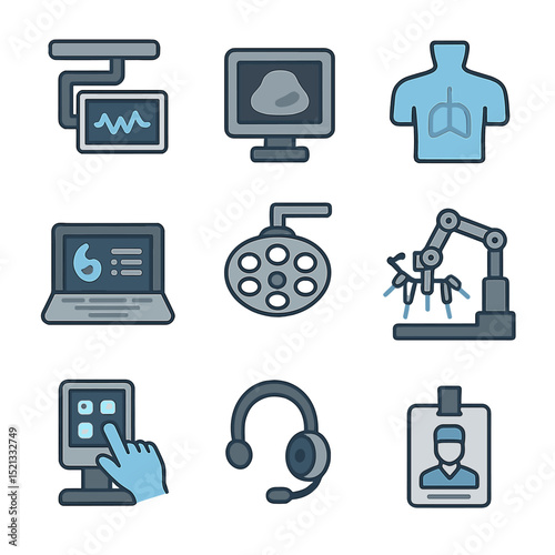 Smart OR Icon Set. Flat icon set of smart operating room technology: ceiling-mounted screen, real-time imaging