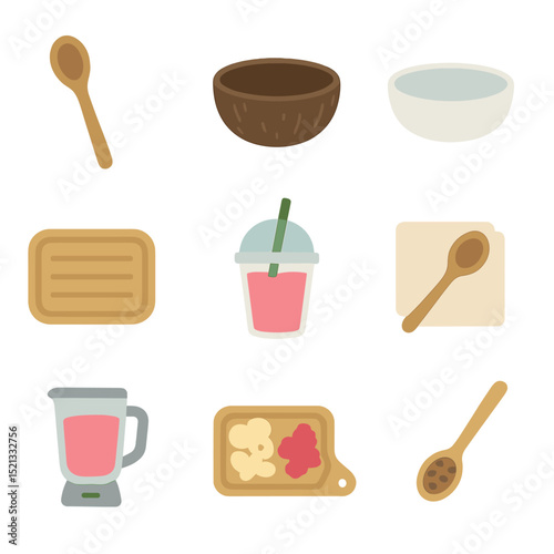 Smoothie Bowl Utensils. Flat icon set of smoothie bowl utensils: wooden spoon, coconut bowl, ceramic dish,