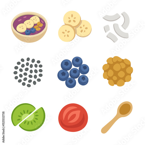 Smoothie Bowl Icons. Flat icon set of smoothie bowls: acai bowl, banana slices, coconut flakes, chia seeds,