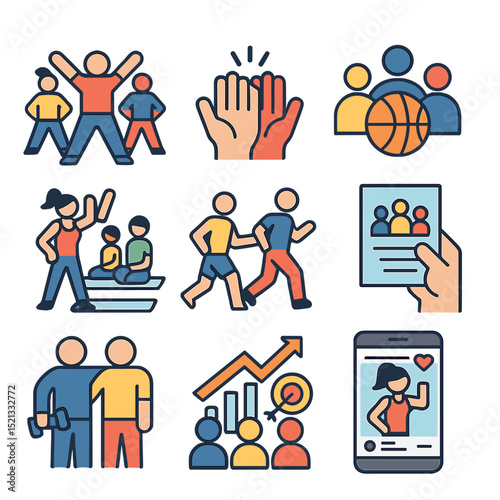 Social Exercise Icons. Flat icon set of social interaction through exercise: group workout, high-five, team