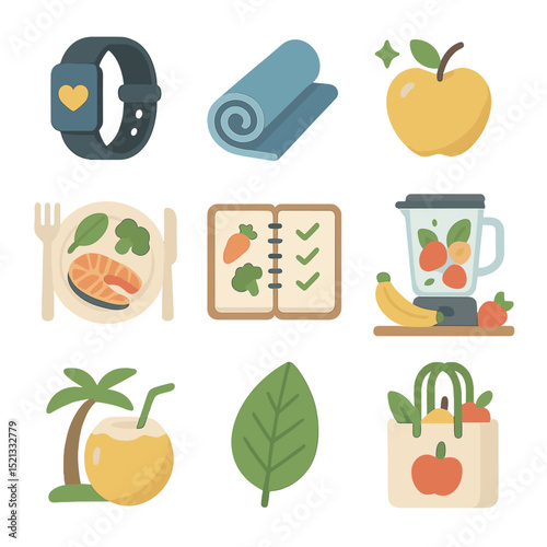 Smoothie Lifestyle Icons. Flat icon set of smoothie lifestyle visuals: fitness band, yoga mat, clean eating