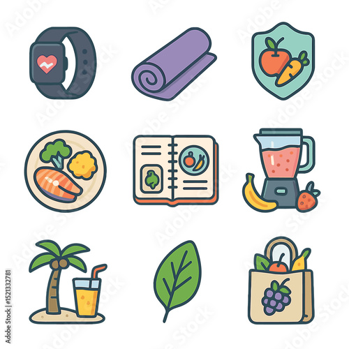 Smoothie Lifestyle Icons. Flat icon set of smoothie lifestyle visuals: fitness band, yoga mat, clean eating