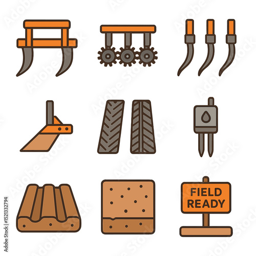 Soil Preparation Icons. Flat icon set of soil preparation tools: subsoiler, rotary hoe, cultivator teeth,