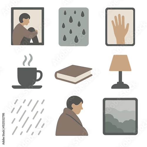 Solitude Icon Set. Flat icon set of emotional solitude by the window: person sitting by window, raindrops on