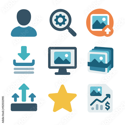 Stock Photo Icons. Flat icon set of stock photo marketplace features: contributor icon, search algorithm,