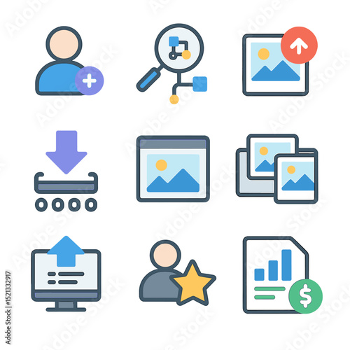 Stock Photo Icons. Flat icon set of stock photo marketplace features: contributor icon, search algorithm,