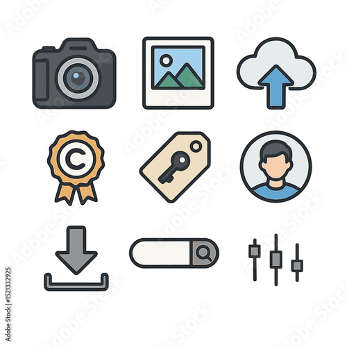 Stock Photography Icons. Flat icon set of stock photography for online businesses: DSLR camera icon, image