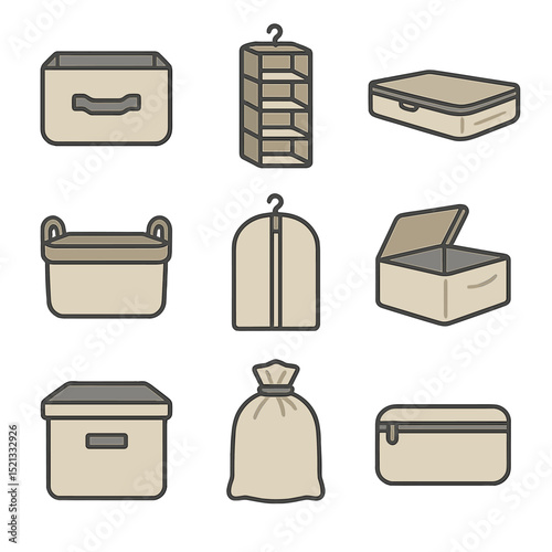 Storage Icons Grid. Flat icon set of storage textiles and organizers: fabric drawer bin, hanging closet