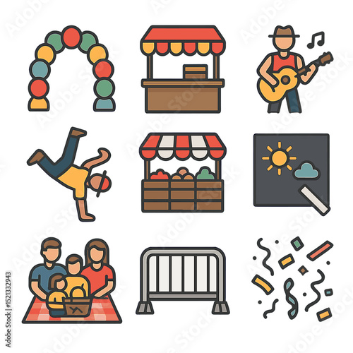 Street Festival Icons. Flat icon set of street festivals: balloon arch, food stall, busker performer, street