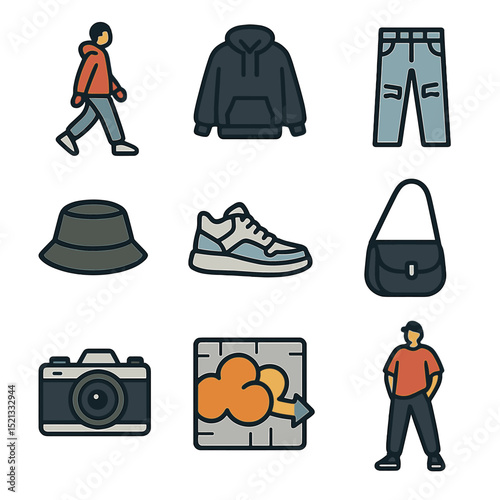 Street Fashion Icons. Flat icon set of street fashion photography: candid walking pose, oversized hoodie,