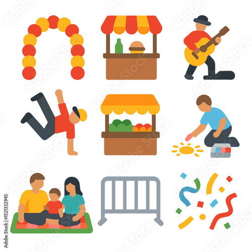 Street Festival Icons. Flat icon set of street festivals: balloon arch, food stall, busker performer, street