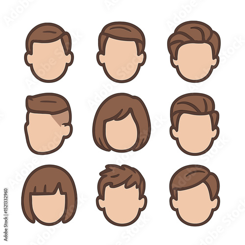 Stylish Haircuts Icons. Flat icon set of combed and styled hair after cut: side part style, slick back hair,