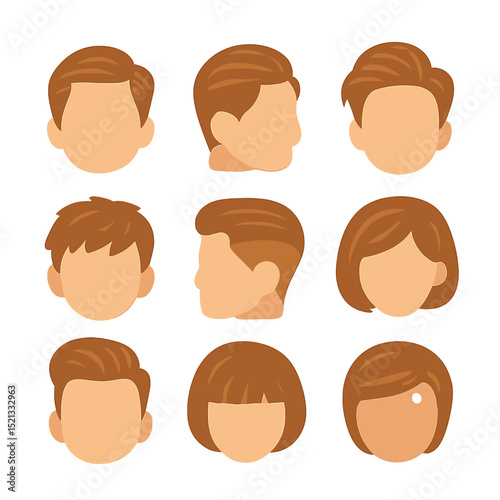 Stylish Haircuts Icons. Flat icon set of combed and styled hair after cut: side part style, slick back hair,