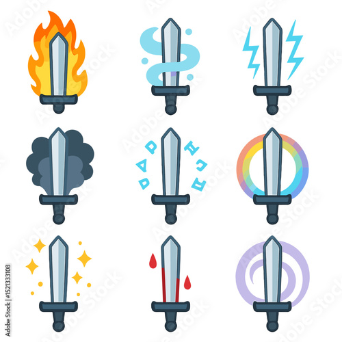 Sword Effects Icon Set. Flat icon set of sword effects and auras: flaming aura, icy mist, electric surge, dark